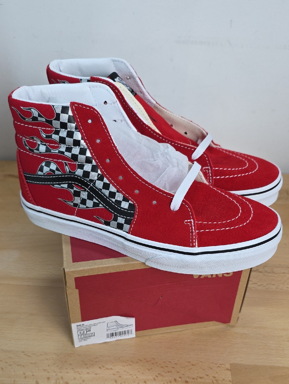 Vans Kids Red Checker Flame Sk8-Hi Sneakers Juniors 6